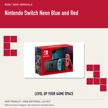 Nintendo Switch Neon Blue and Red, retro pixel product showcase.