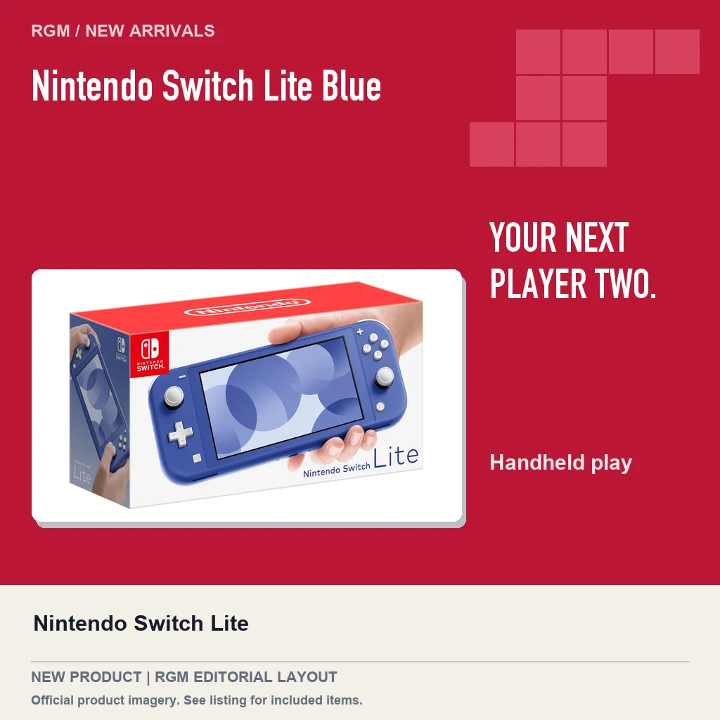Nintendo Switch Lite Blue, red editorial product layout.