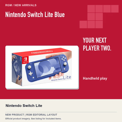 Nintendo Switch Lite Blue, red editorial product layout.