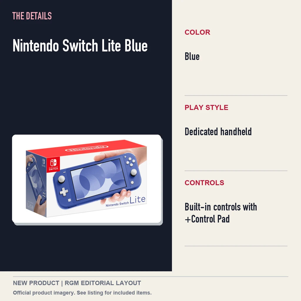 Nintendo Switch Lite Blue, specifications and product image.