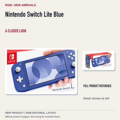 Nintendo Switch Lite Blue, full product reference with detail crop.
