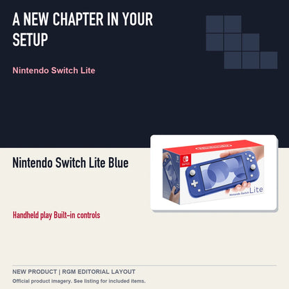 Nintendo Switch Lite Blue, editorial gaming setup layout.
