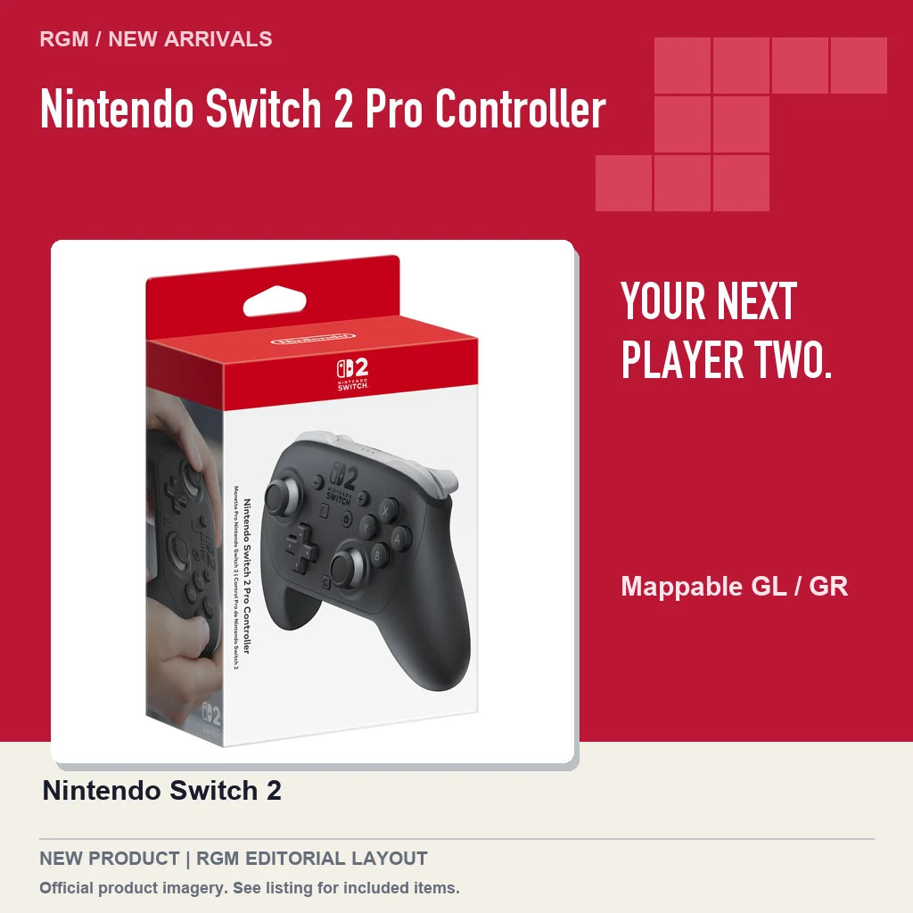 Nintendo Switch 2 Pro Controller, red editorial product layout.