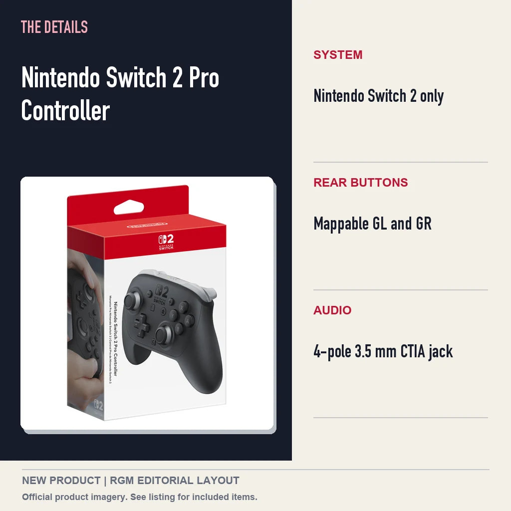 Nintendo Switch 2 Pro Controller, specifications and product image.