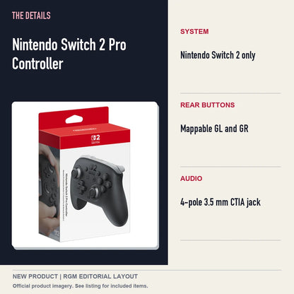 Nintendo Switch 2 Pro Controller, specifications and product image.