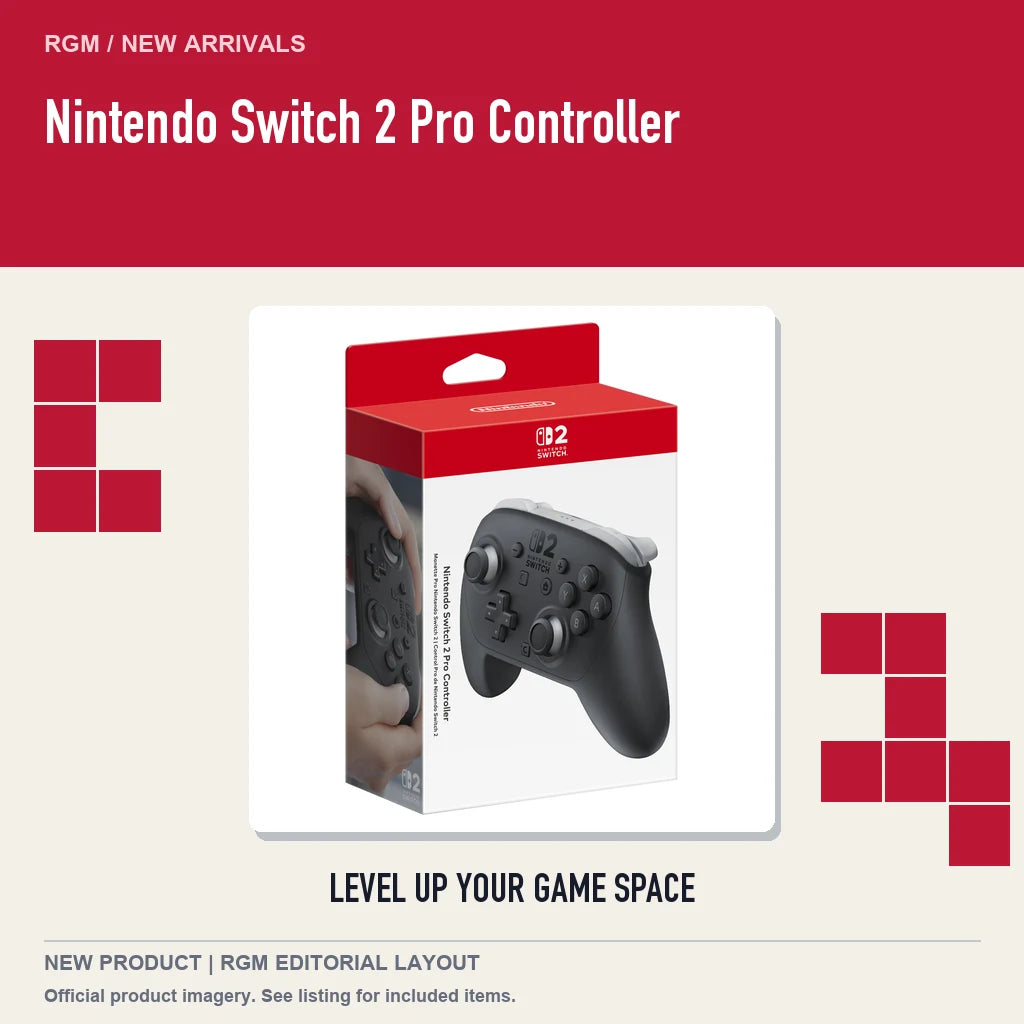 Nintendo Switch 2 Pro Controller, retro pixel product showcase.