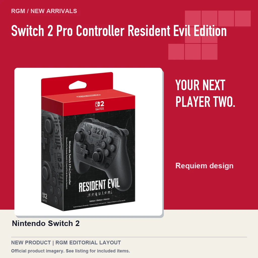Switch 2 Pro Controller Resident Evil Edition, red editorial product layout.