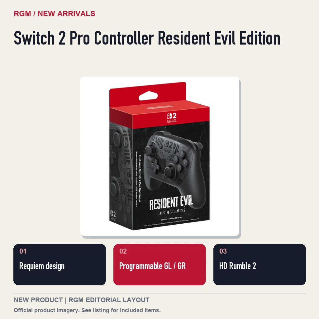 Switch 2 Pro Controller Resident Evil Edition, three feature highlights.
