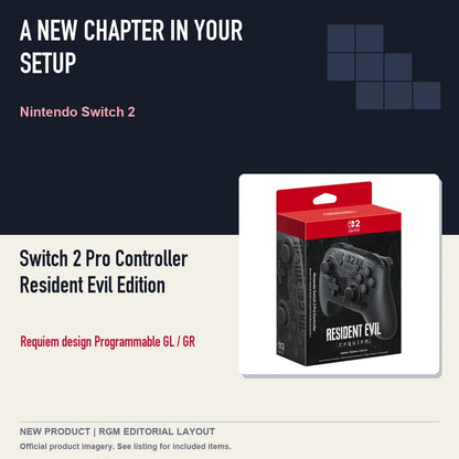 Switch 2 Pro Controller Resident Evil Edition, editorial gaming setup layout.