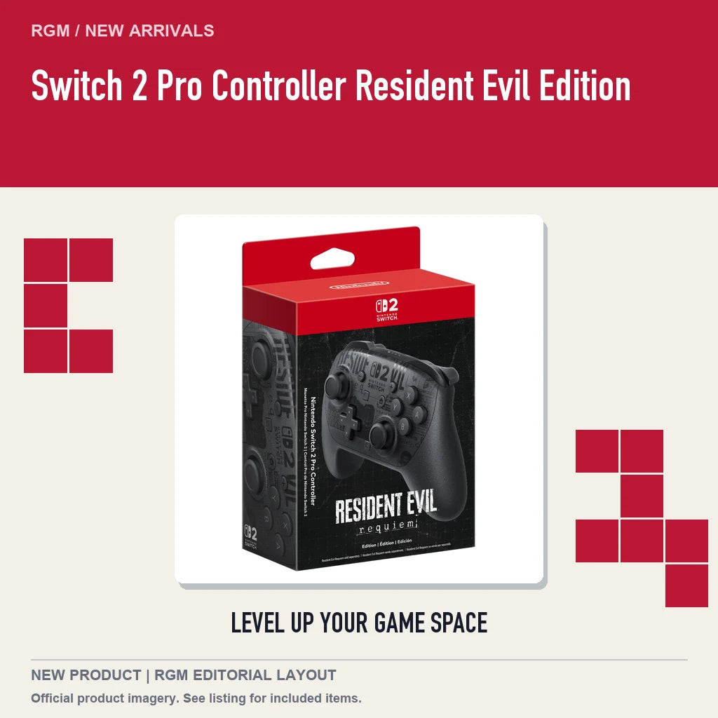 Switch 2 Pro Controller Resident Evil Edition, retro pixel product showcase.