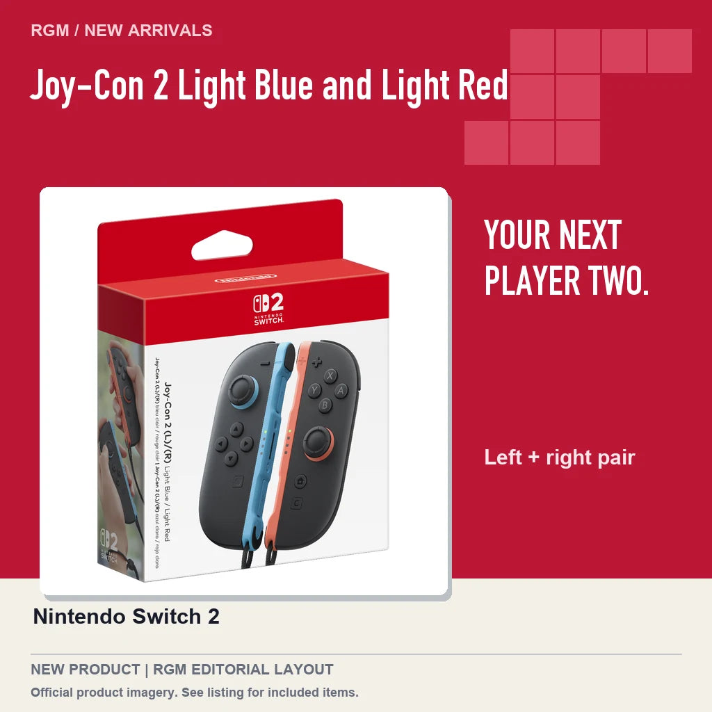 Joy-Con 2 Light Blue and Light Red, red editorial product layout.
