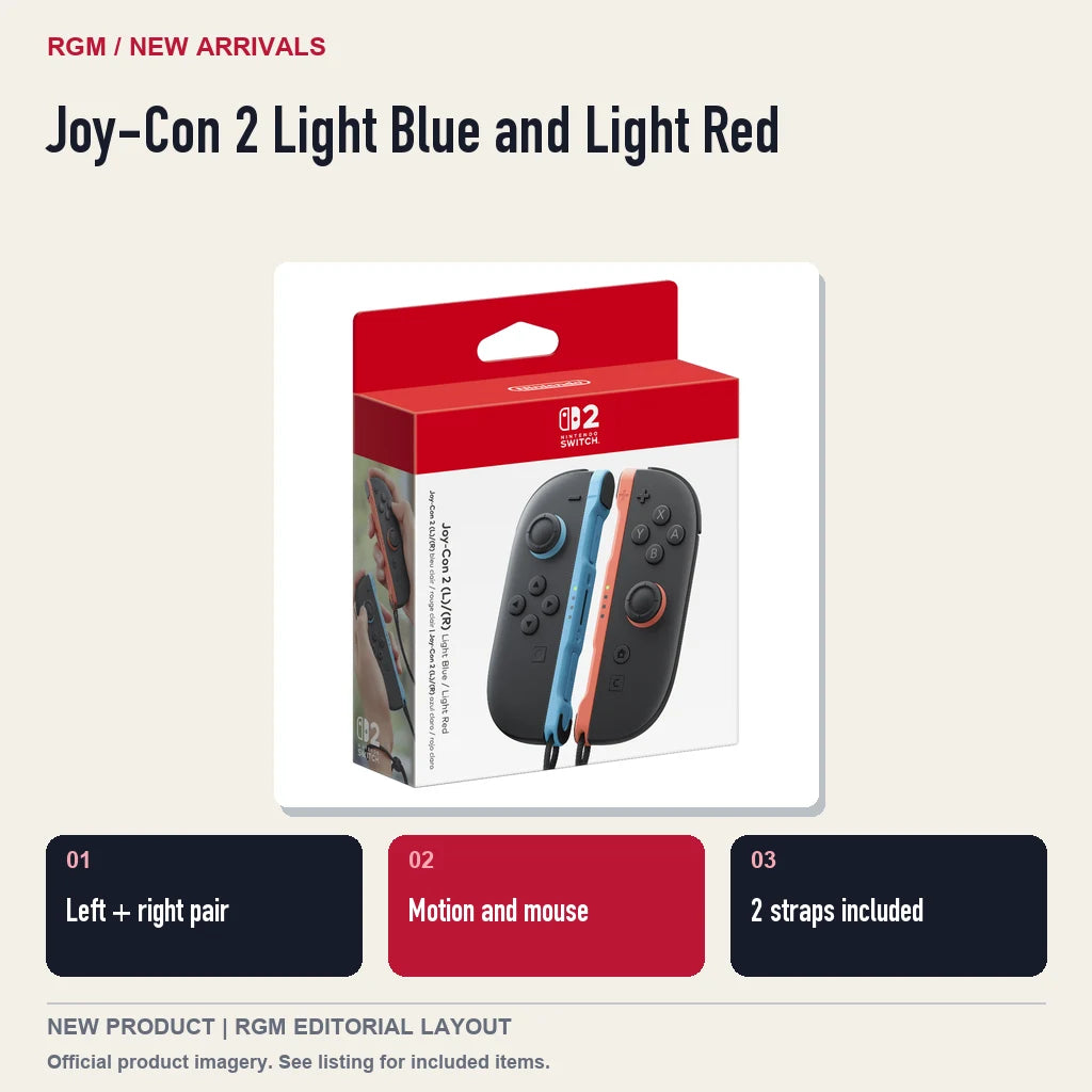Joy-Con 2 Light Blue and Light Red, three feature highlights.