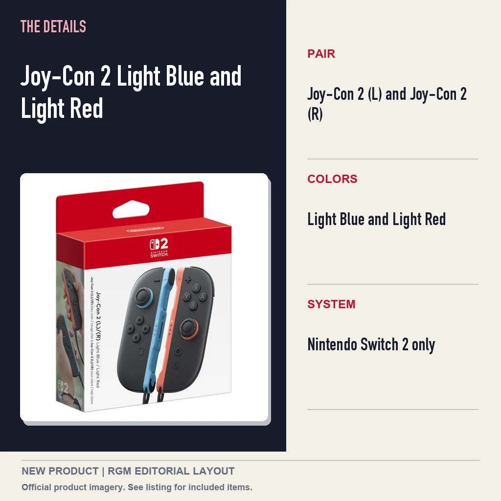 Joy-Con 2 Light Blue and Light Red, specifications and product image.
