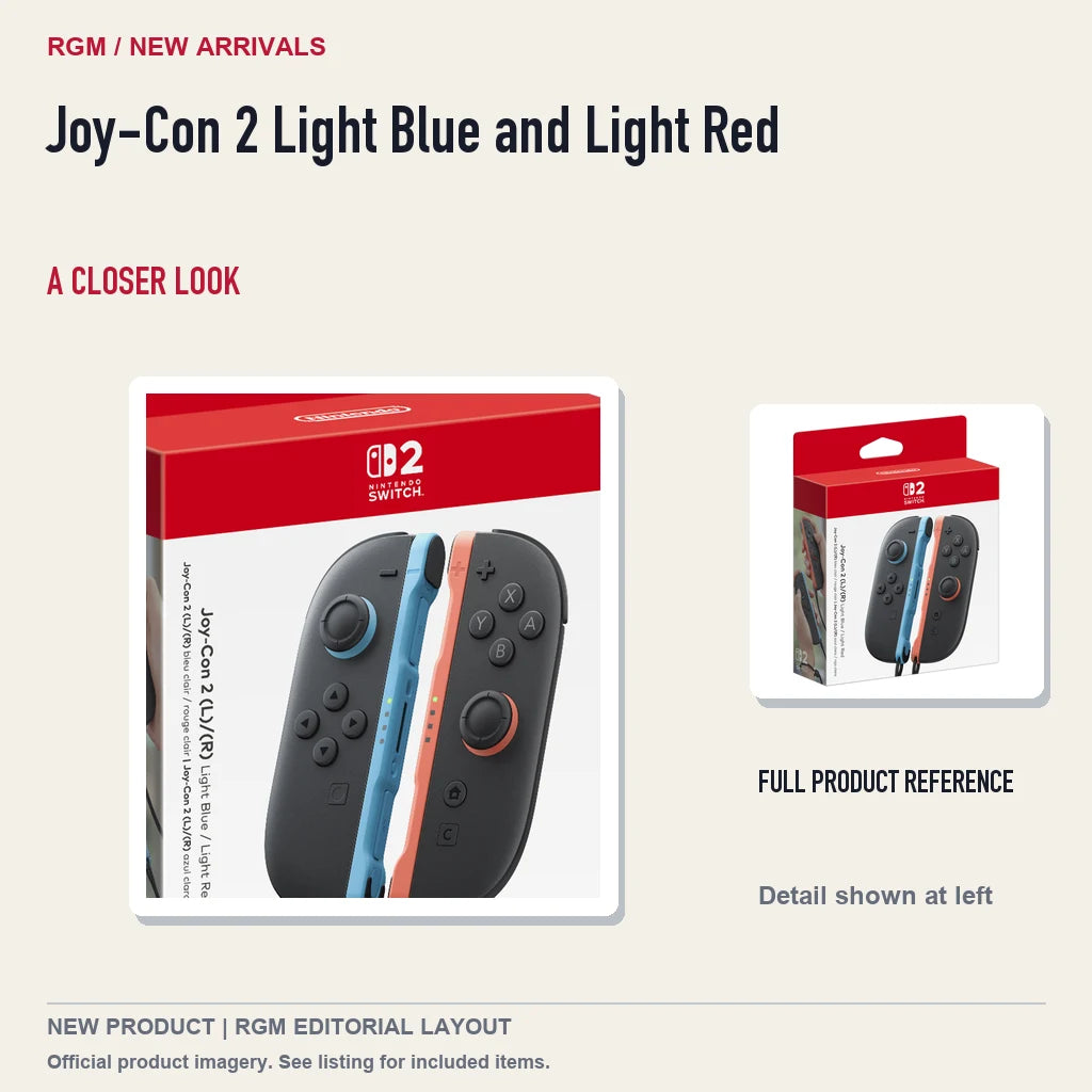 Joy-Con 2 Light Blue and Light Red, full product reference with detail crop.