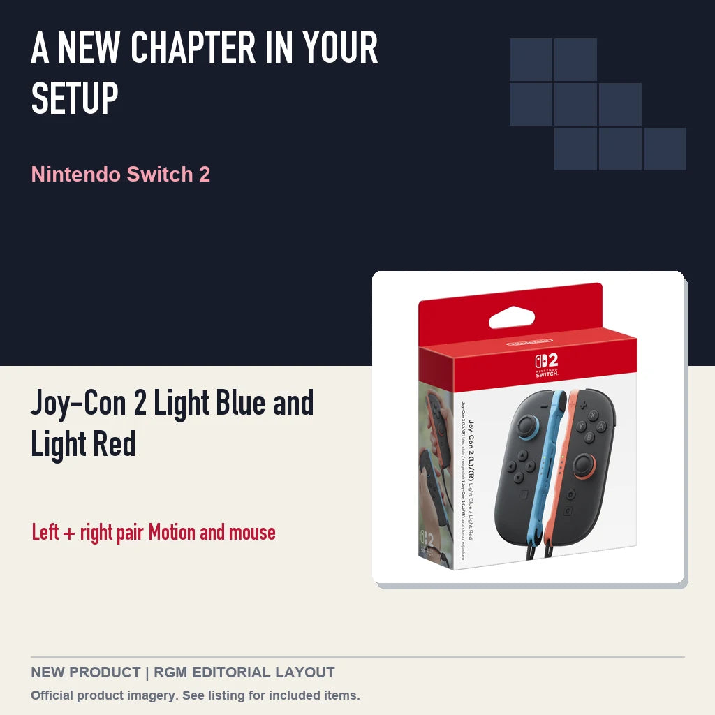 Joy-Con 2 Light Blue and Light Red, editorial gaming setup layout.