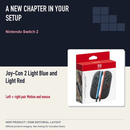 Joy-Con 2 Light Blue and Light Red, editorial gaming setup layout.