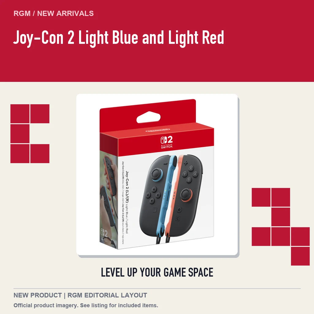 Joy-Con 2 Light Blue and Light Red, retro pixel product showcase.