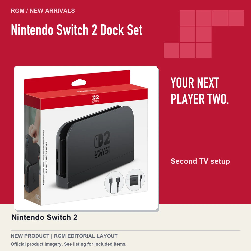 Nintendo Switch 2 Dock Set, red editorial product layout.