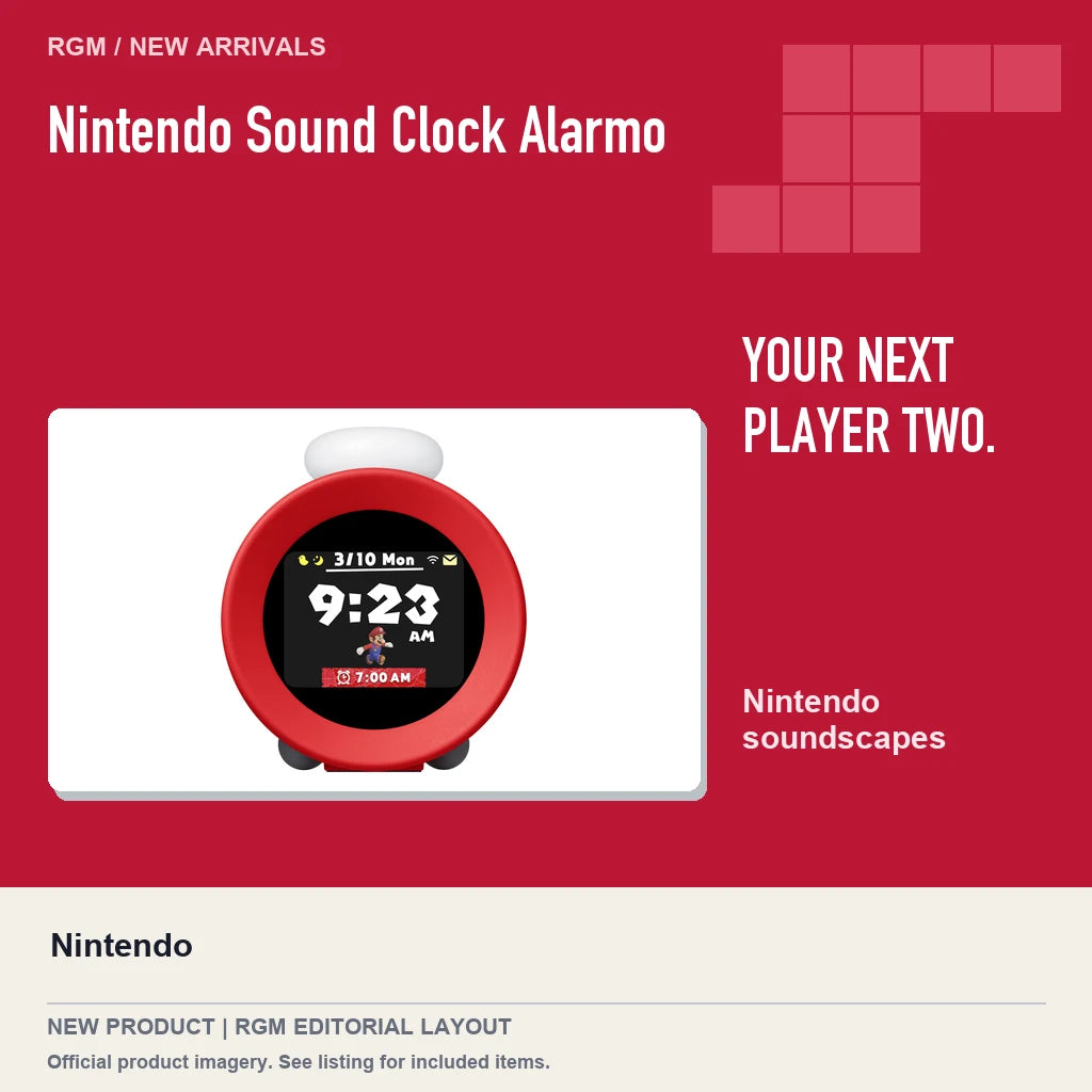 Nintendo Sound Clock Alarmo, red editorial product layout.