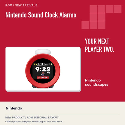 Nintendo Sound Clock Alarmo, red editorial product layout.