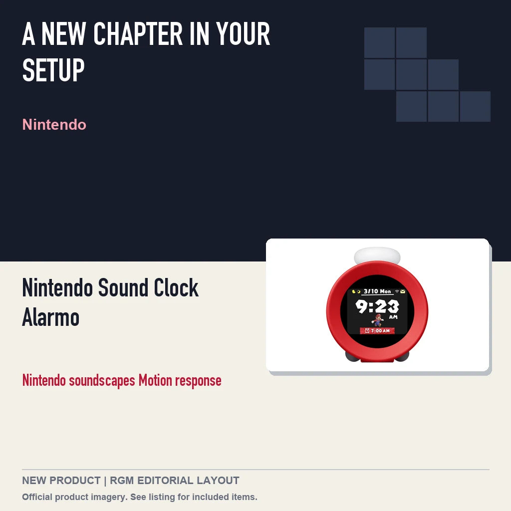 Nintendo Sound Clock Alarmo, editorial gaming setup layout.