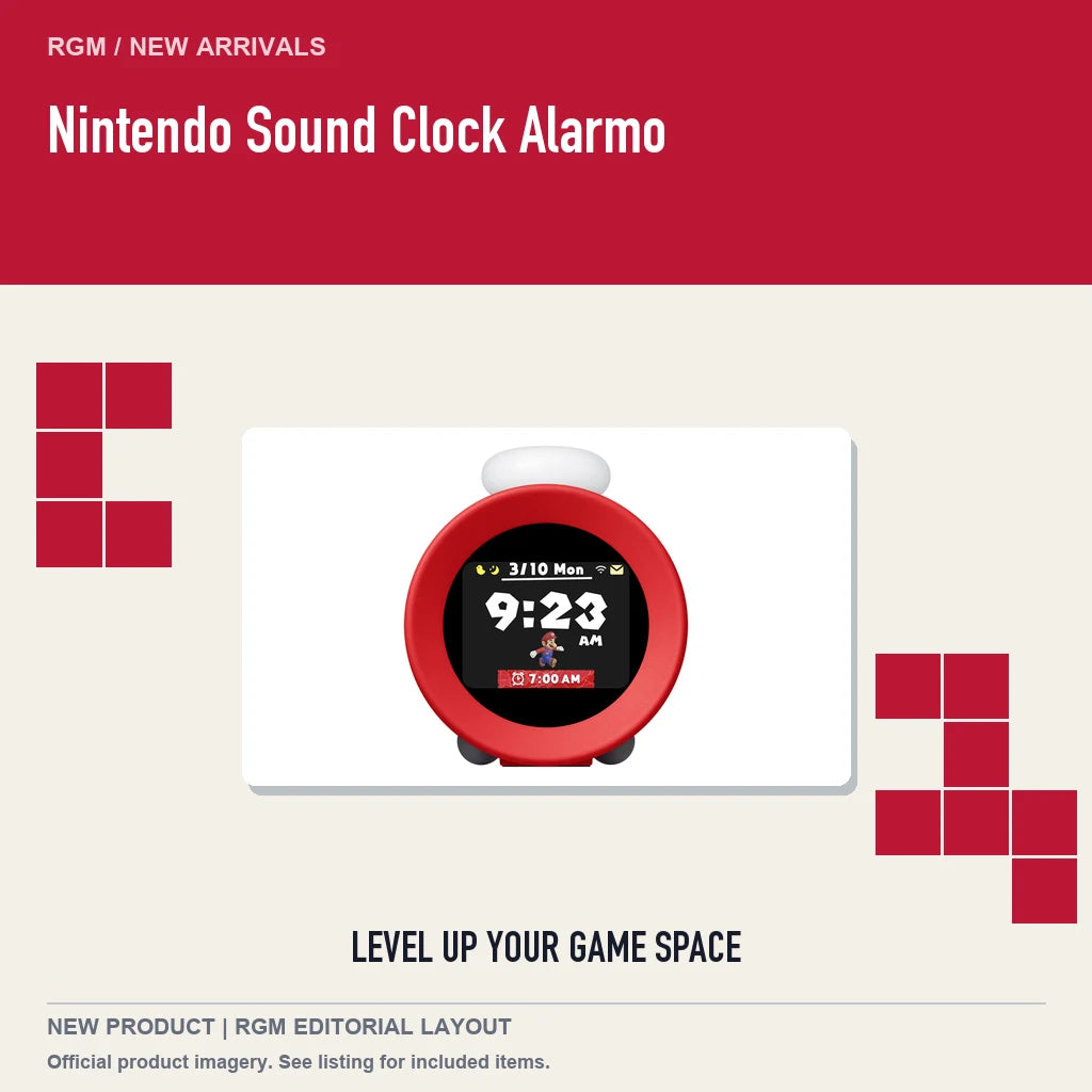 Nintendo Sound Clock Alarmo, retro pixel product showcase.