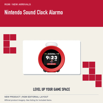 Nintendo Sound Clock Alarmo, retro pixel product showcase.