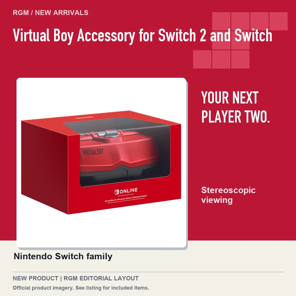 Virtual Boy Accessory for Switch 2 and Switch, red editorial product layout.