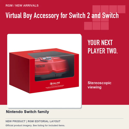 Virtual Boy Accessory for Switch 2 and Switch, red editorial product layout.