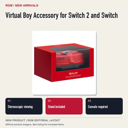 Virtual Boy Accessory for Switch 2 and Switch, three feature highlights.