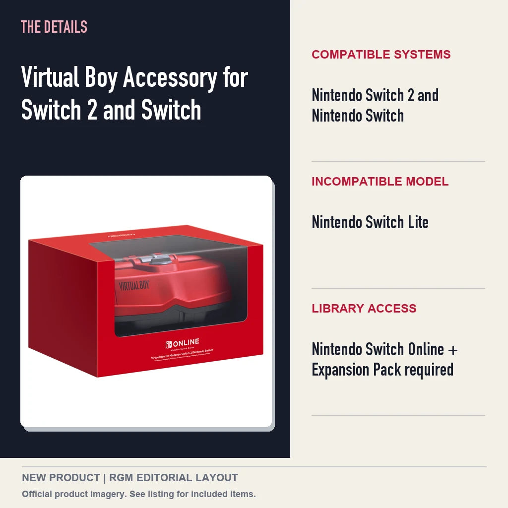 Virtual Boy Accessory for Switch 2 and Switch, specifications and product image.