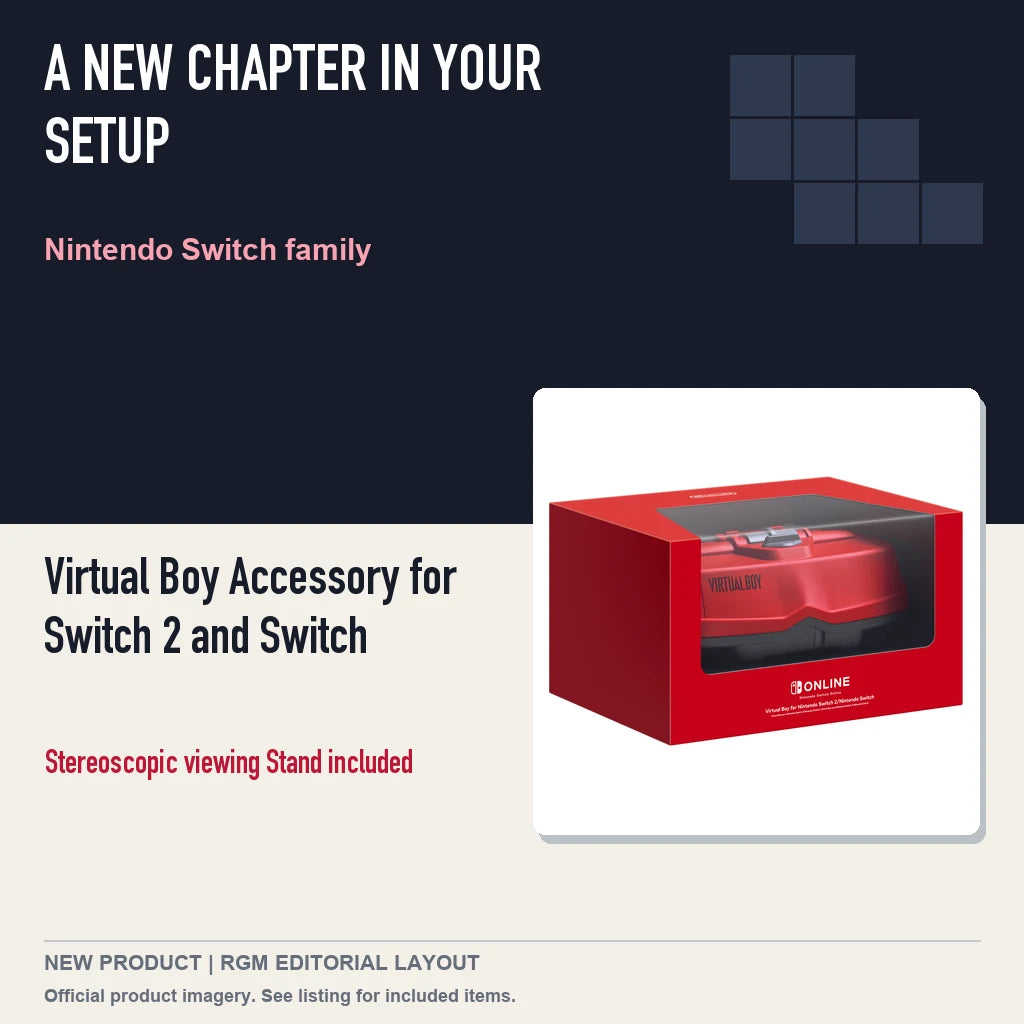 Virtual Boy Accessory for Switch 2 and Switch, editorial gaming setup layout.