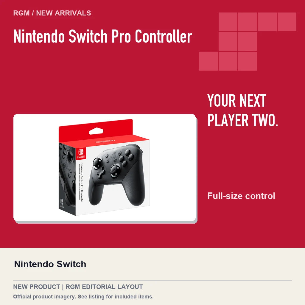 Nintendo Switch Pro Controller, red editorial product layout.