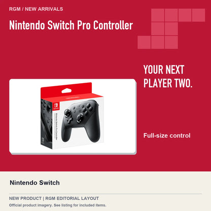 Nintendo Switch Pro Controller, red editorial product layout.