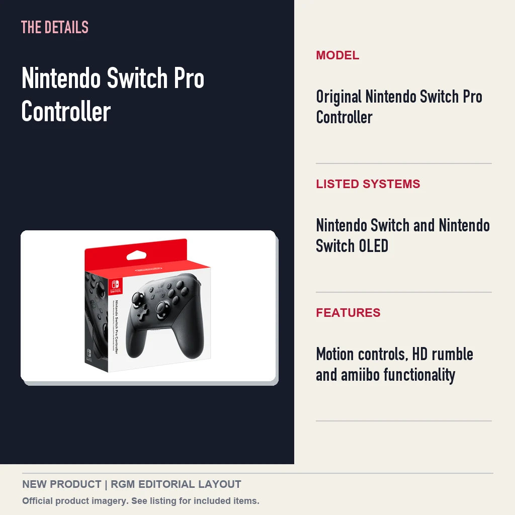 Nintendo Switch Pro Controller, specifications and product image.