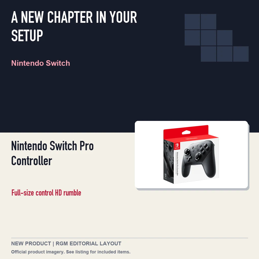 Nintendo Switch Pro Controller, editorial gaming setup layout.