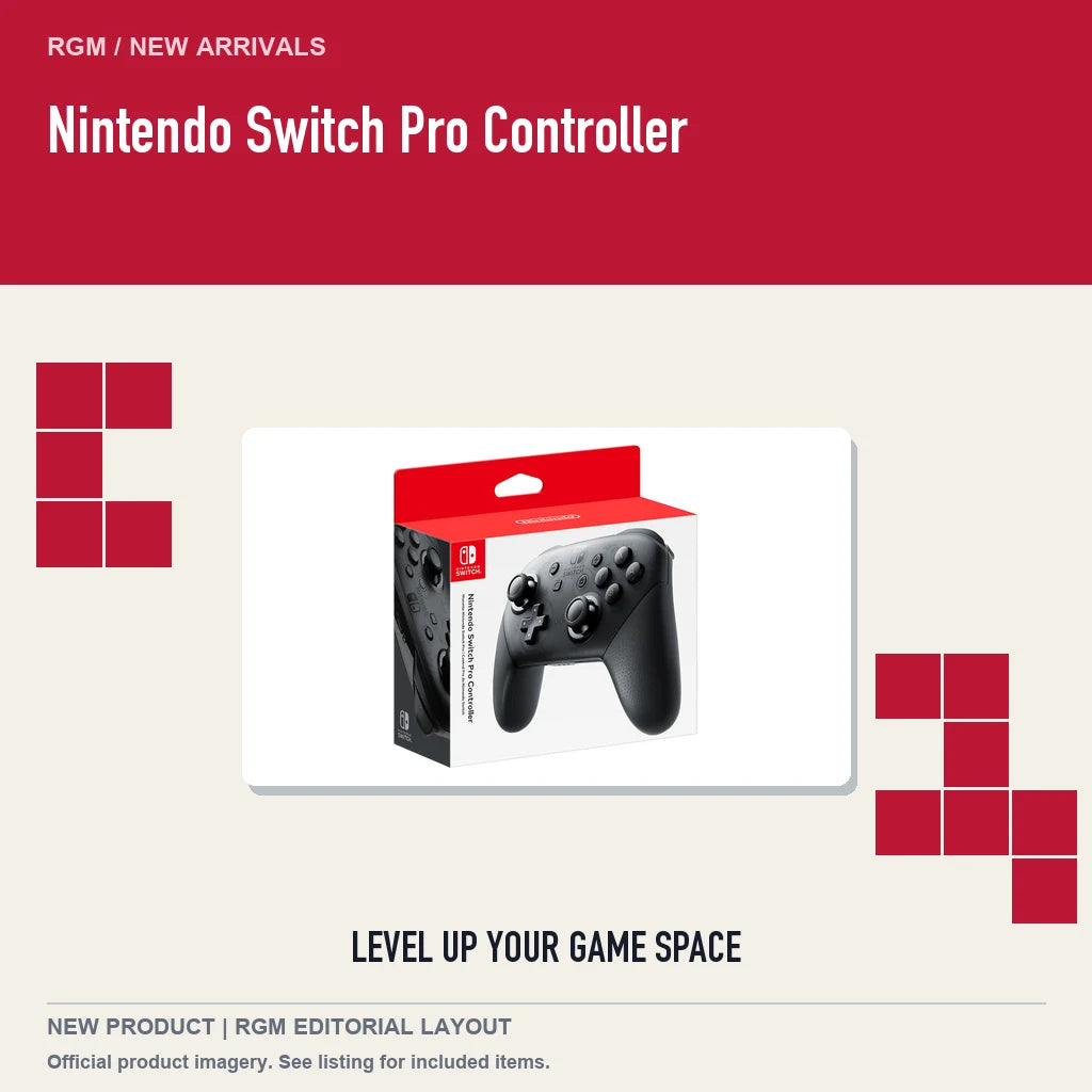 Nintendo Switch Pro Controller, retro pixel product showcase.