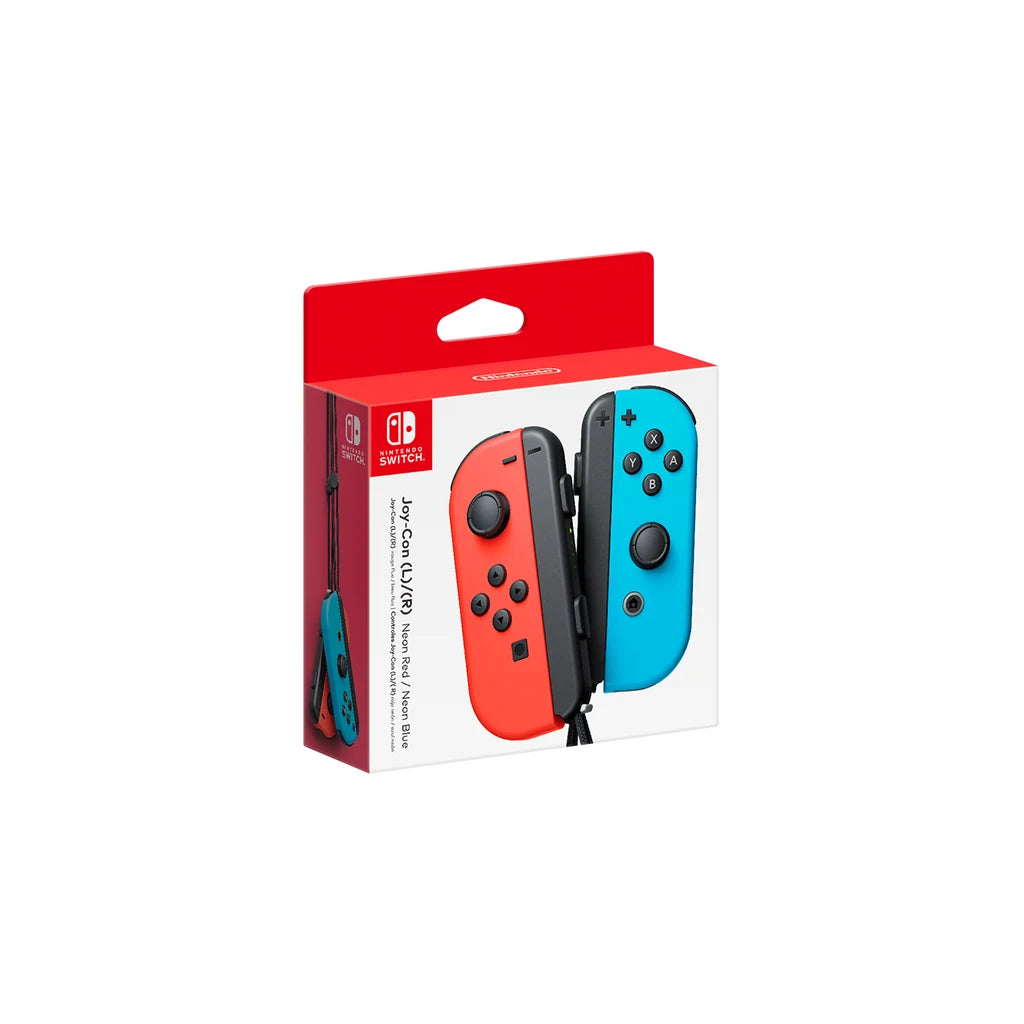 Joy-Con Neon Red Left and Neon Blue Right, official product image on white.
