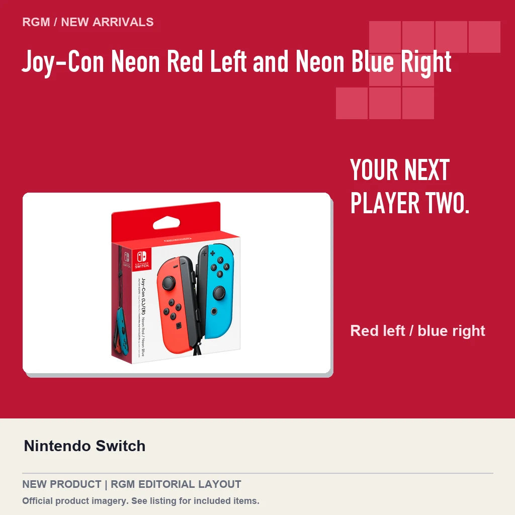 Joy-Con Neon Red Left and Neon Blue Right, red editorial product layout.
