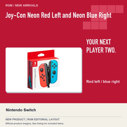 Joy-Con Neon Red Left and Neon Blue Right, red editorial product layout.