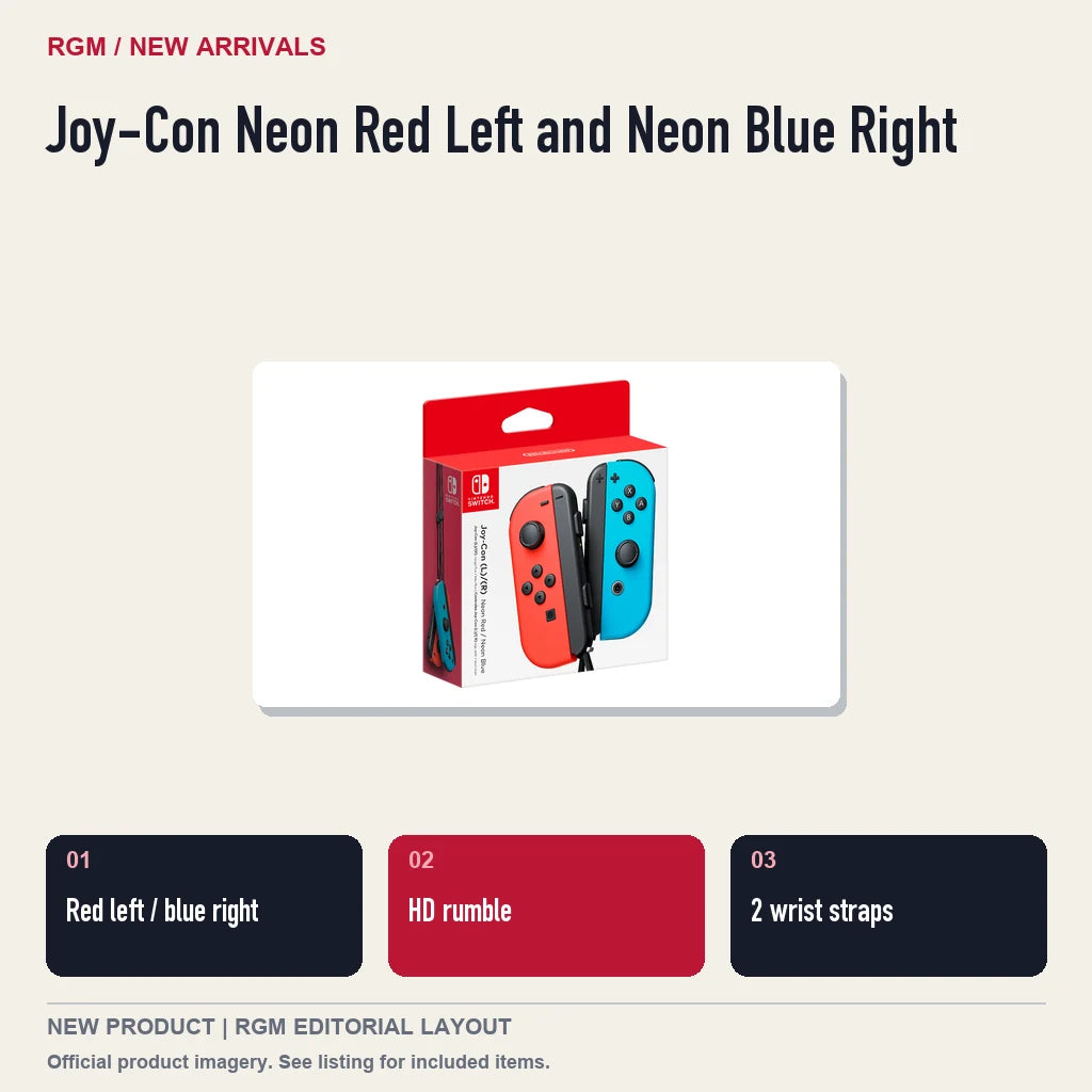 Joy-Con Neon Red Left and Neon Blue Right, three feature highlights.