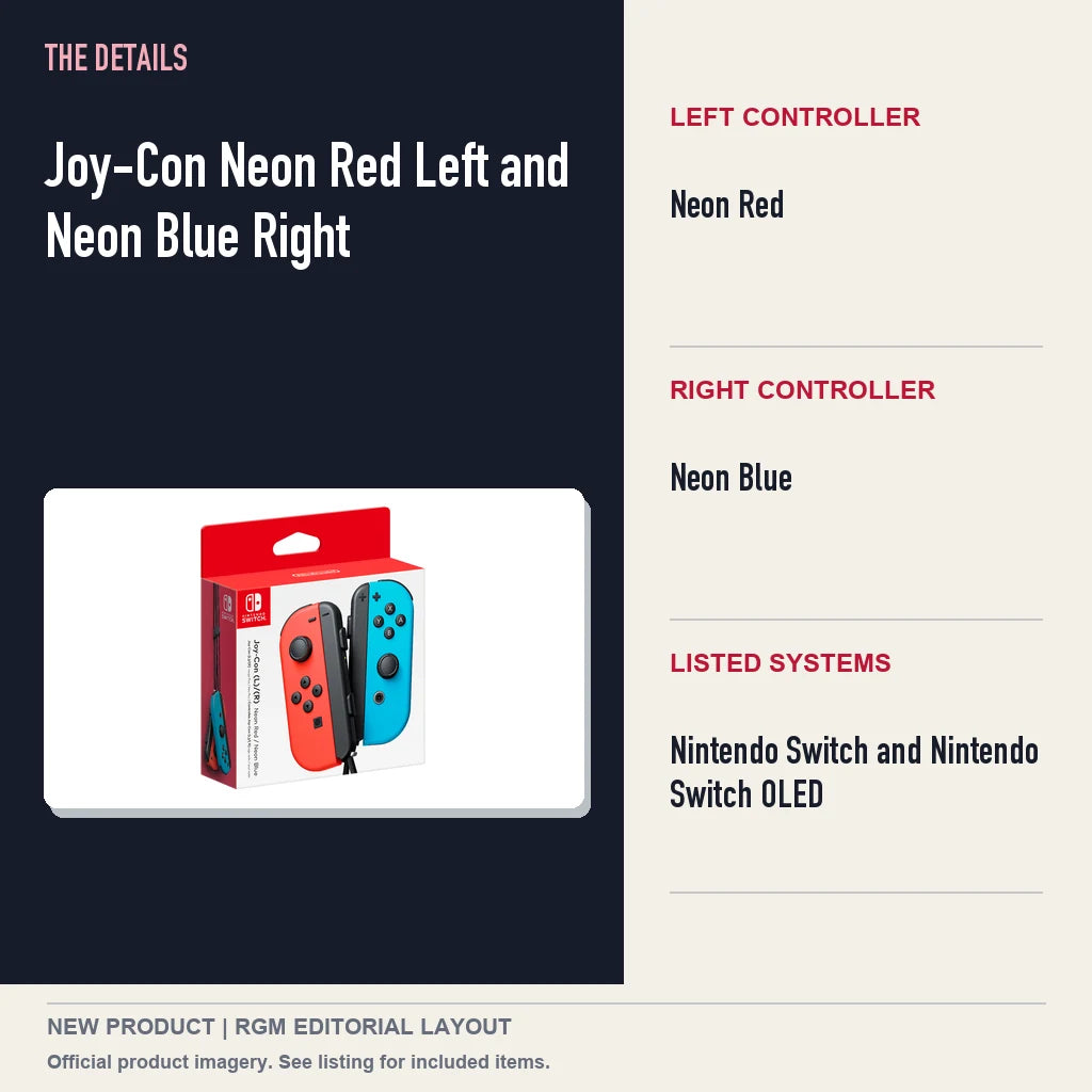 Joy-Con Neon Red Left and Neon Blue Right, specifications and product image.