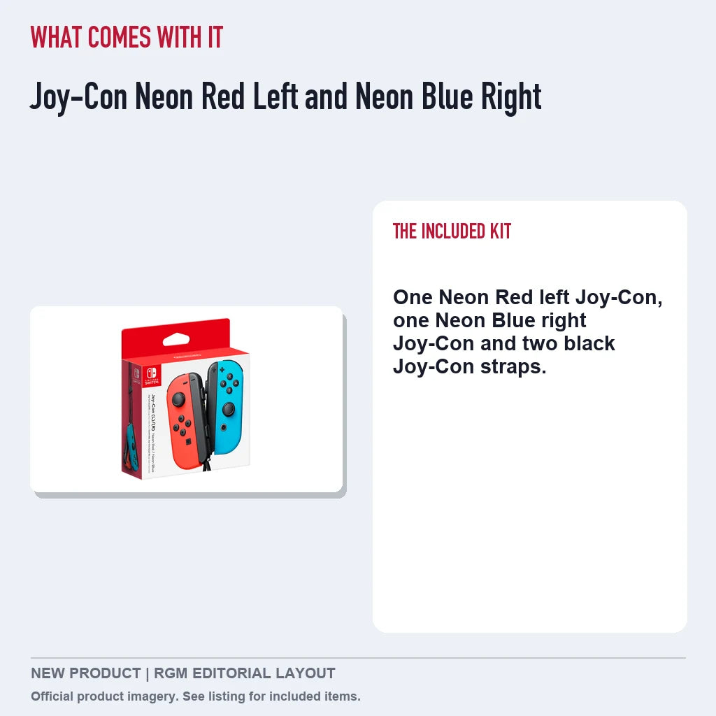 Joy-Con Neon Red Left and Neon Blue Right, included contents guide.