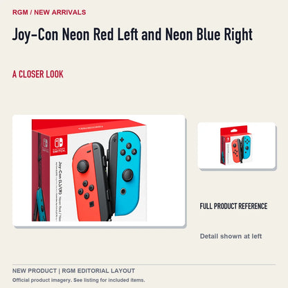 Joy-Con Neon Red Left and Neon Blue Right, full product reference with detail crop.