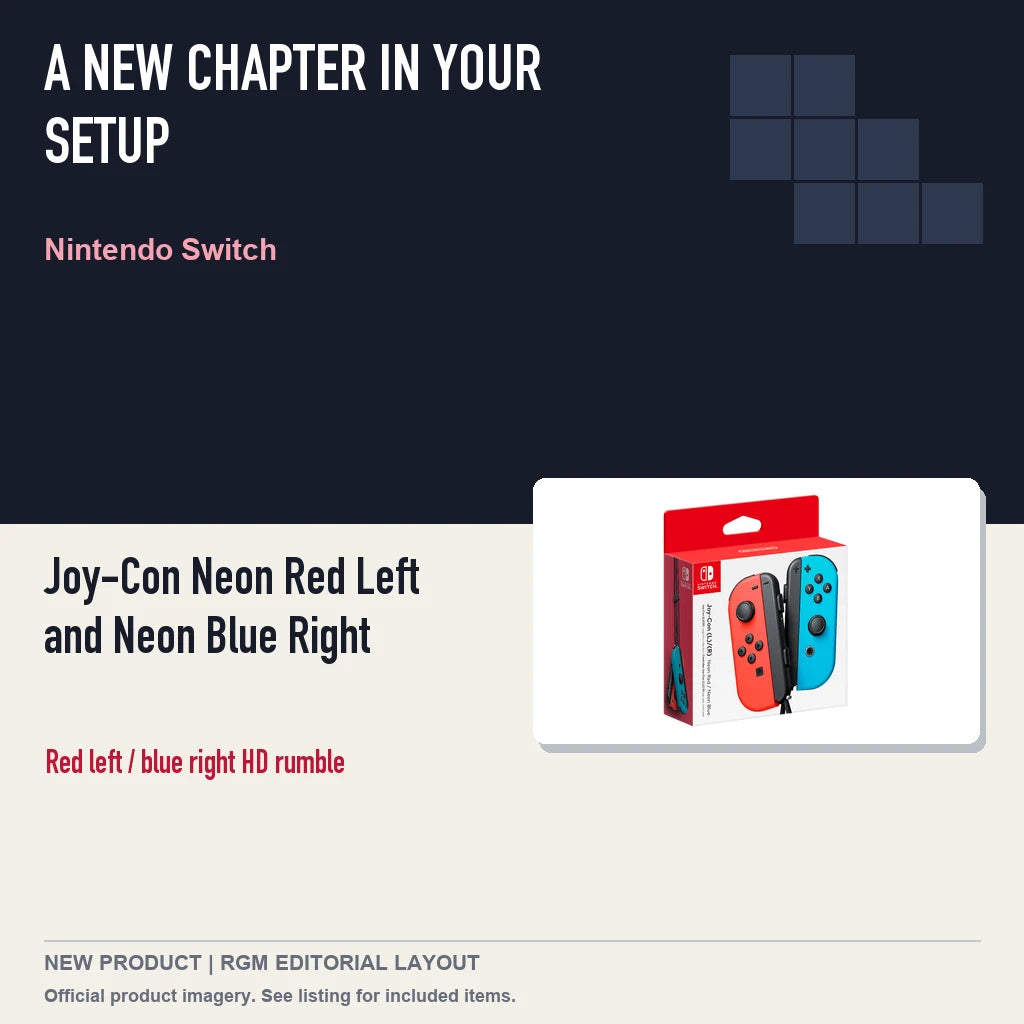 Joy-Con Neon Red Left and Neon Blue Right, editorial gaming setup layout.