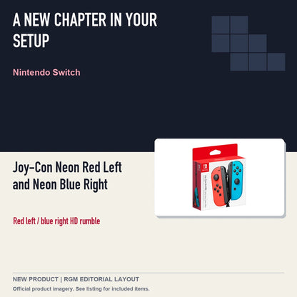 Joy-Con Neon Red Left and Neon Blue Right, editorial gaming setup layout.