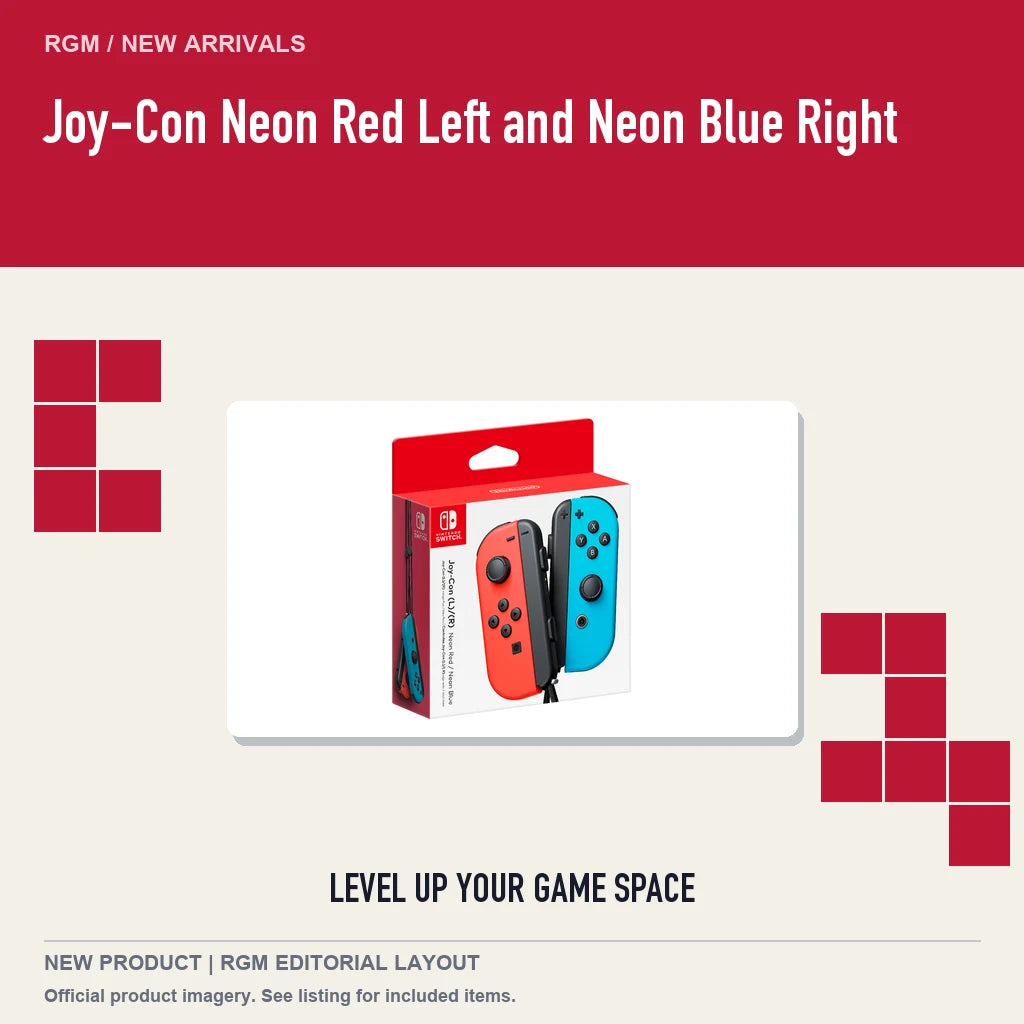 Joy-Con Neon Red Left and Neon Blue Right, retro pixel product showcase.