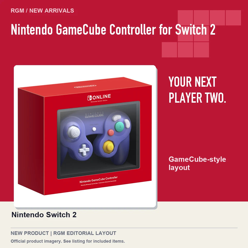 Nintendo GameCube Controller for Switch 2, red editorial product layout.