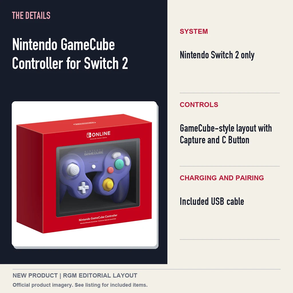 Nintendo GameCube Controller for Switch 2, specifications and product image.
