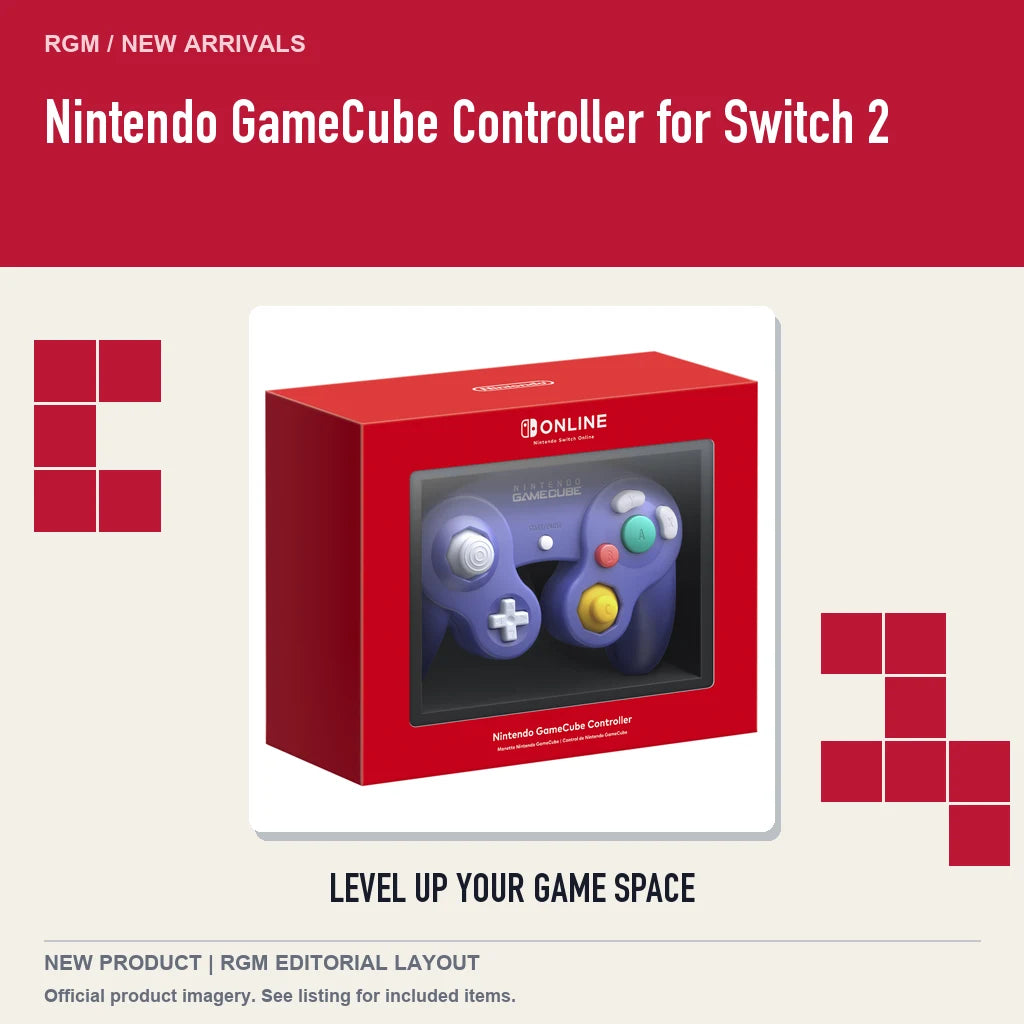 Nintendo GameCube Controller for Switch 2, retro pixel product showcase.